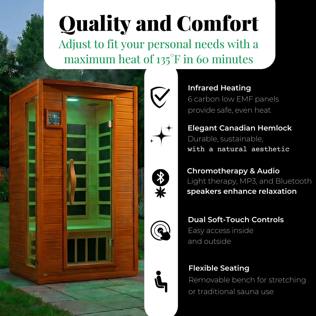 Smart Home Sauna with Integrated Red Light Therapy — Deep Detox, Muscle Recovery, Stress Relief, Better Sleep & Enhanced Circulation (1–2 Person)